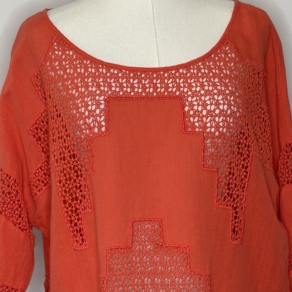 Free People Orange Crochet Linen Cotton Blend Boho Boxy Top Womens Small - Picture 2 of 6